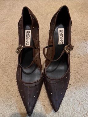Badgley Mischka Chocolate Brown Studded Pointed-Toe Mary Jane Heels